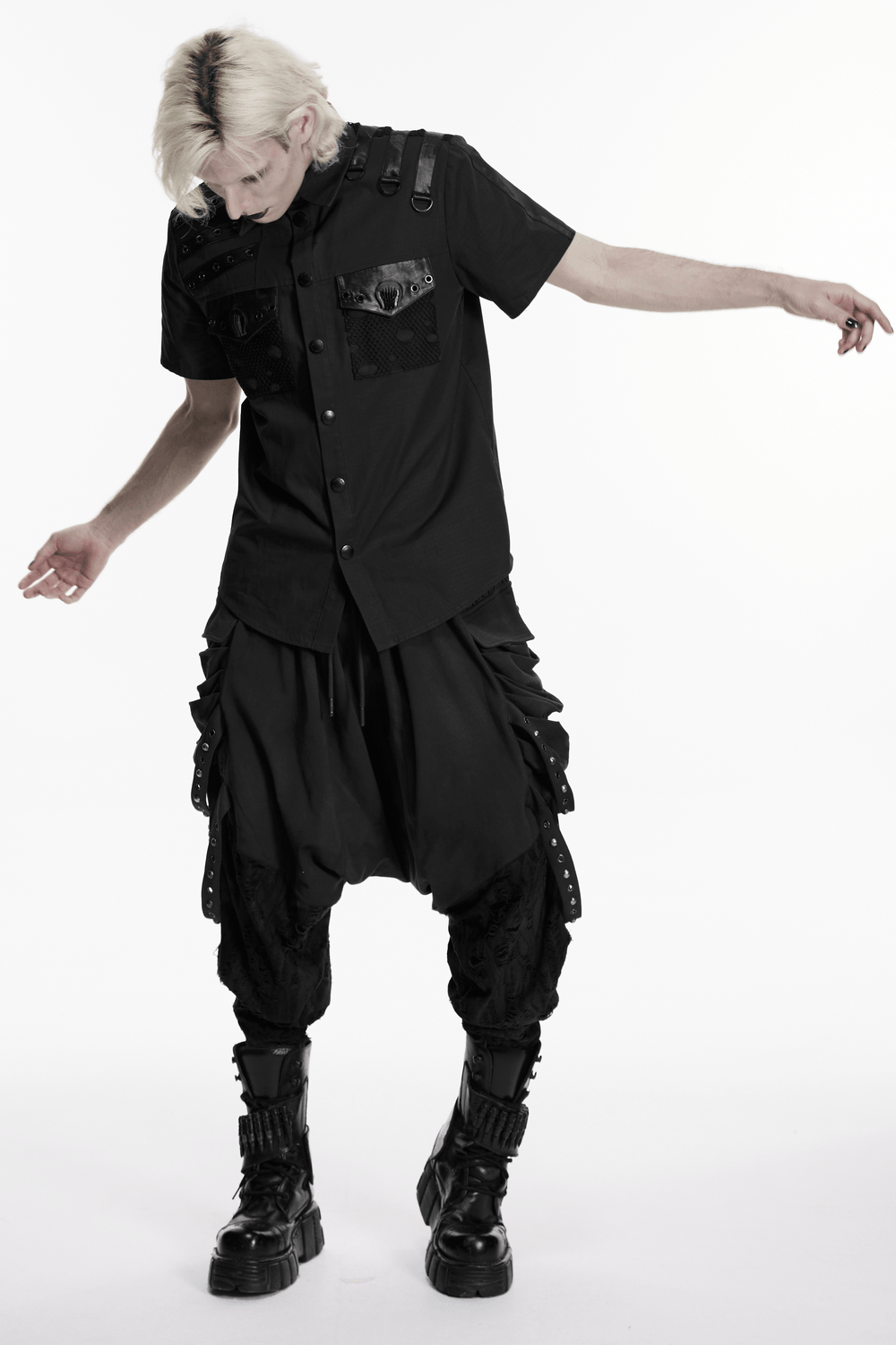 Punk Distressed Shirt with D-Ring Shoulder Loops