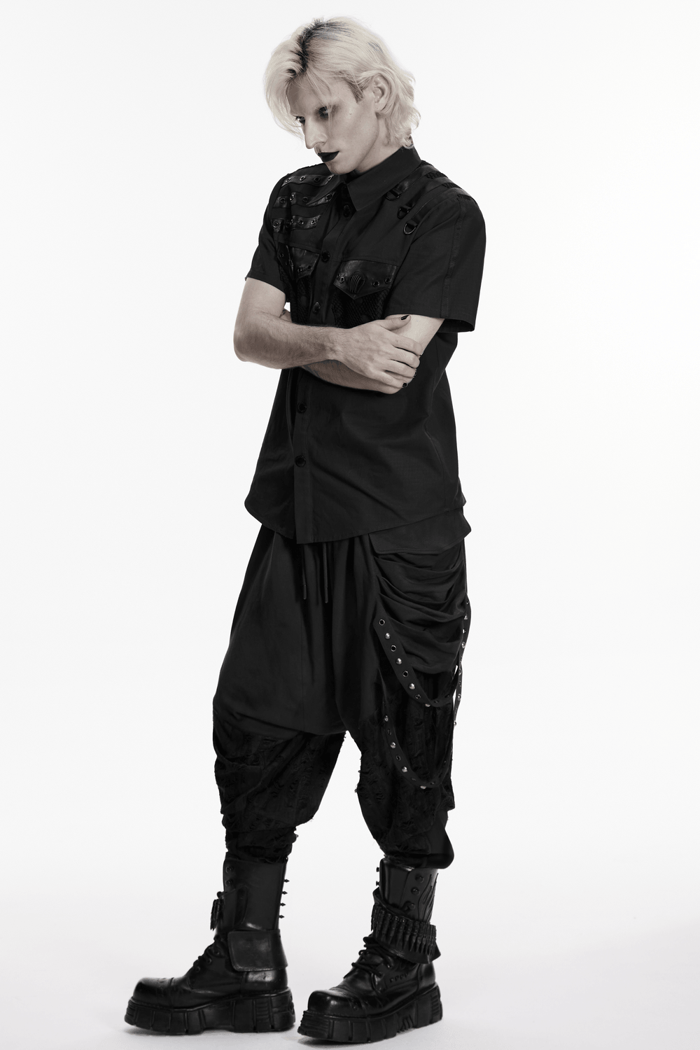 Punk Distressed Shirt with D-Ring Shoulder Loops