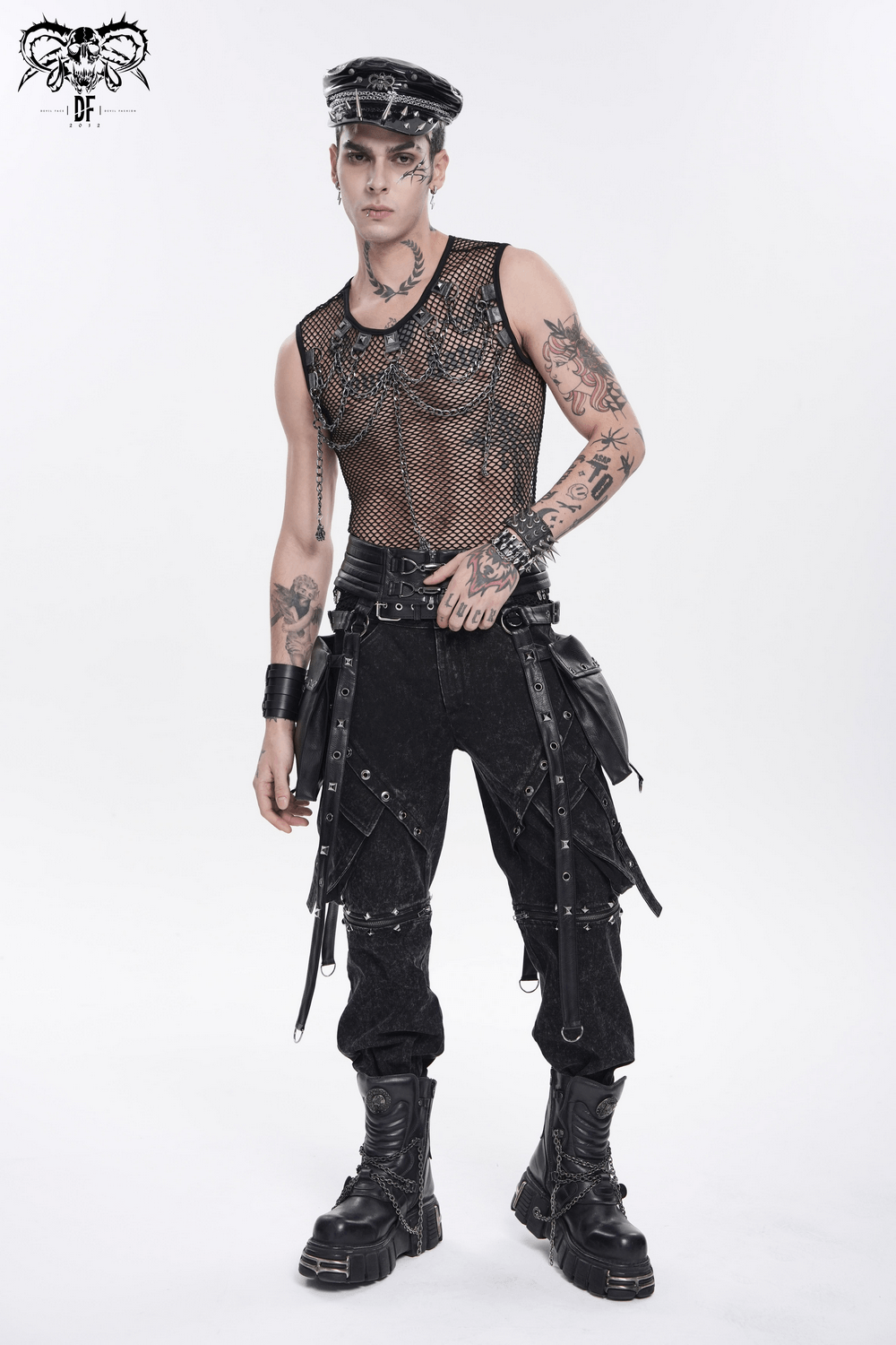 Punk Fishnet Tank Top with Chains and Studded Straps