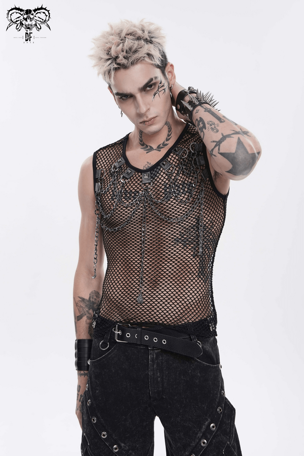 Punk Fishnet Tank Top with Chains and Studded Straps