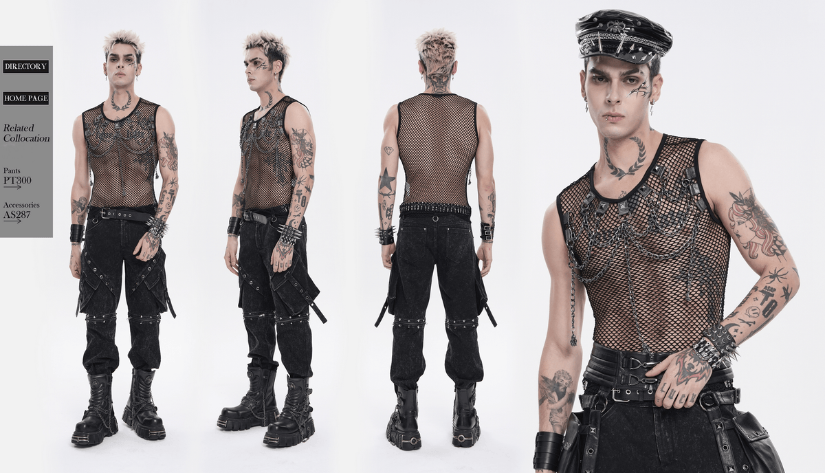 Punk Fishnet Tank Top with Chains and Studded Straps