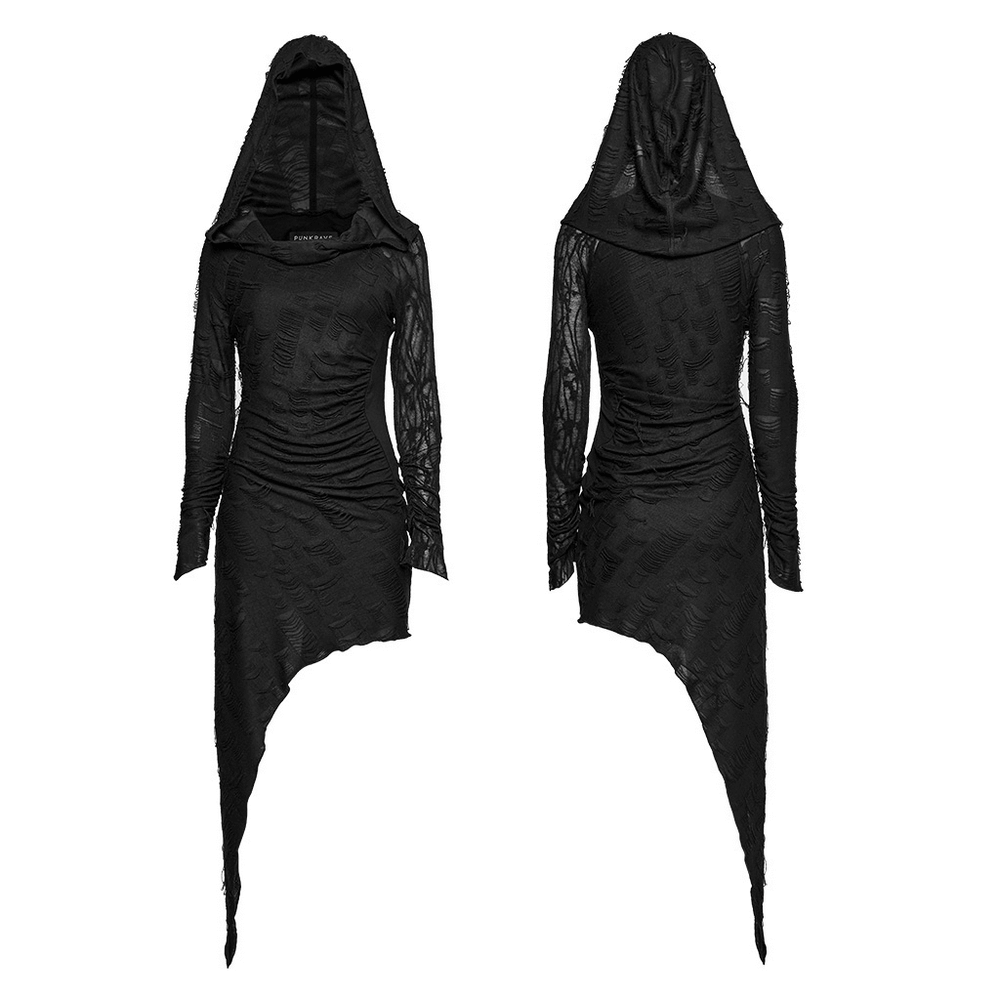 Punk Hooded Dress with Asymmetrical Hem and Textured Mesh