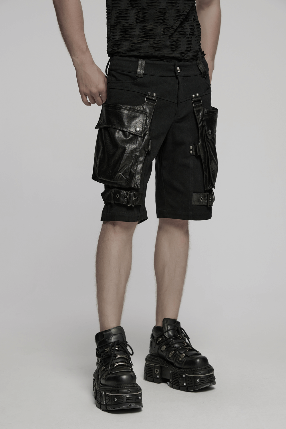 Punk Leather Trimmed Black Shorts with OverSized Pockets