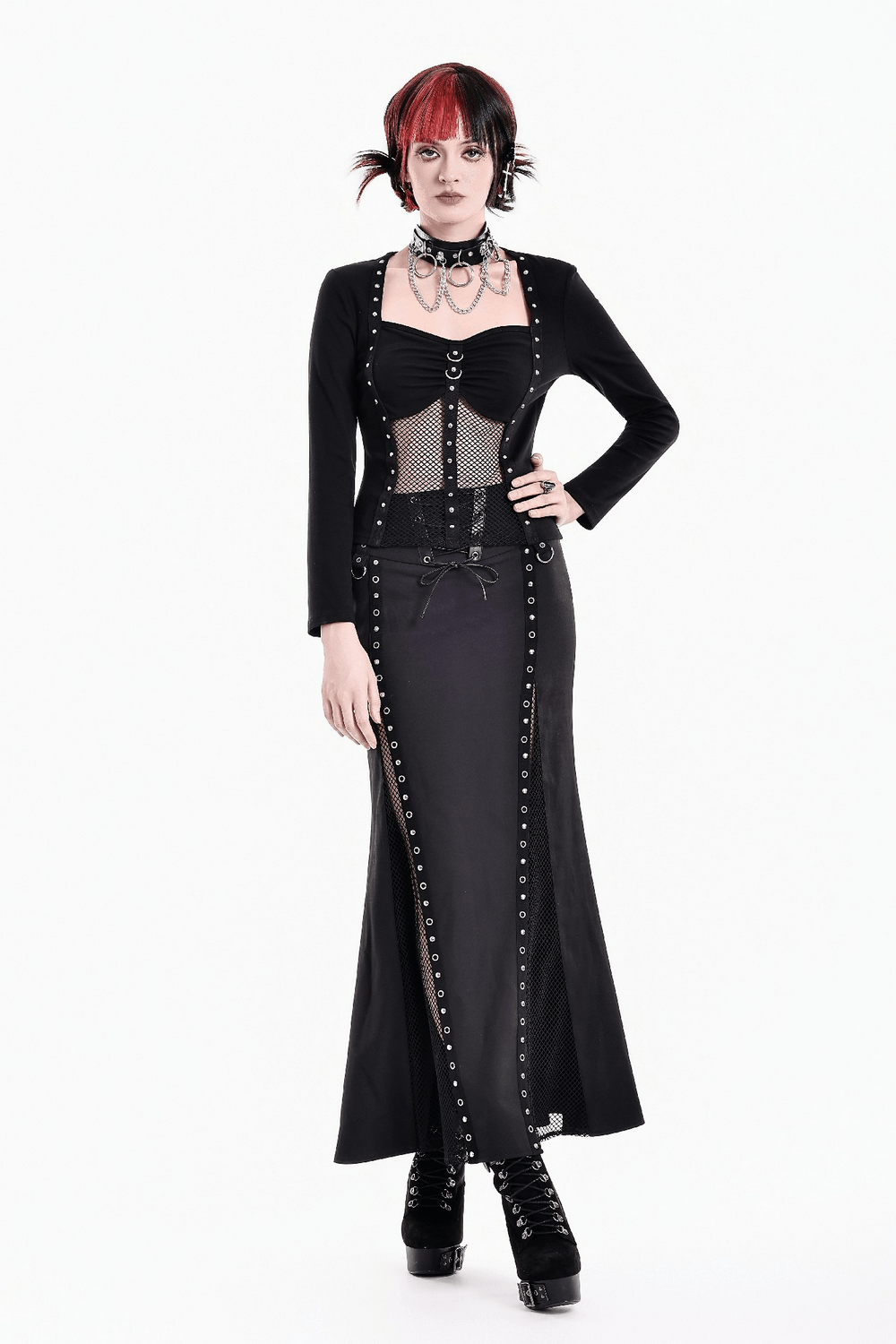 Punk Long Sleeve Top with Fishnet and Ring Accents