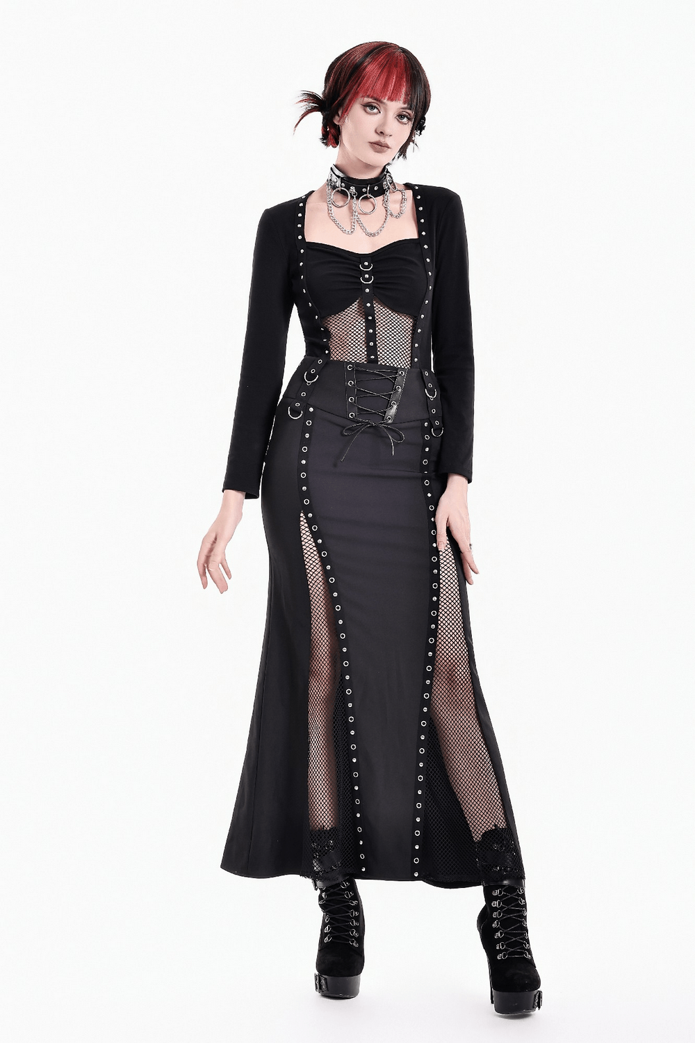 Punk Long Sleeve Top with Fishnet and Ring Accents