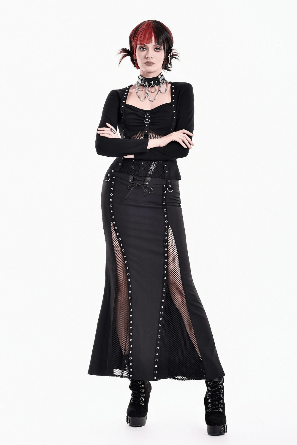 Punk Long Sleeve Top with Fishnet and Ring Accents