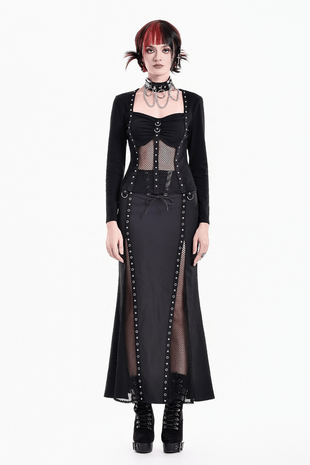 Punk Long Sleeve Top with Fishnet and Ring Accents