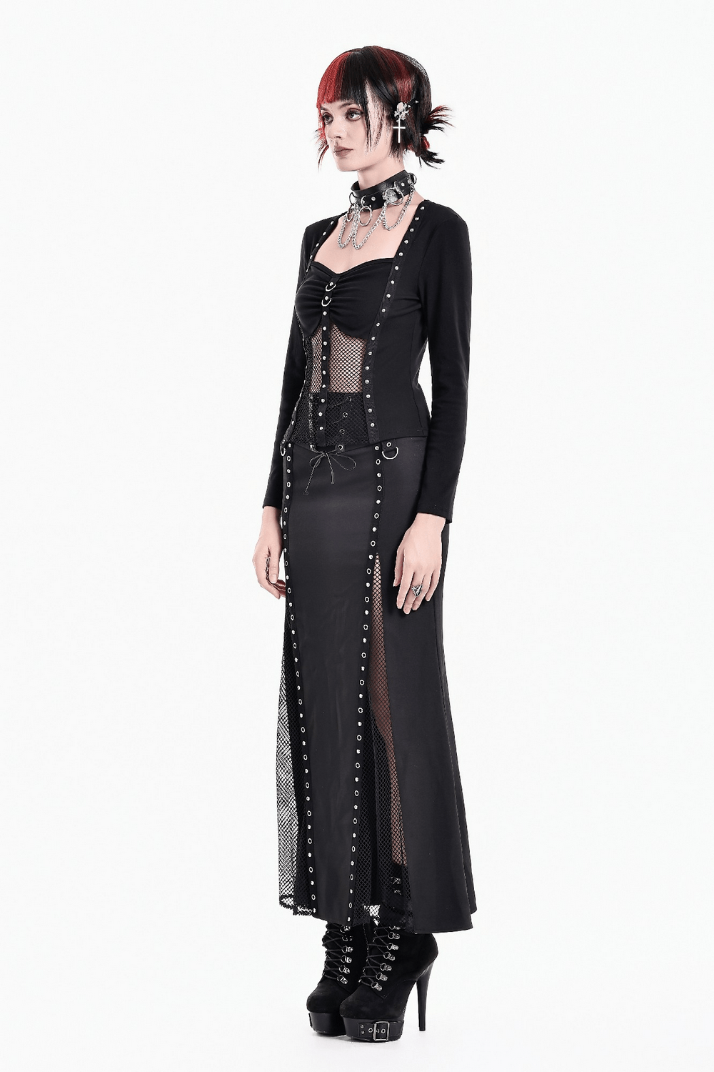 Punk Long Sleeve Top with Fishnet and Ring Accents