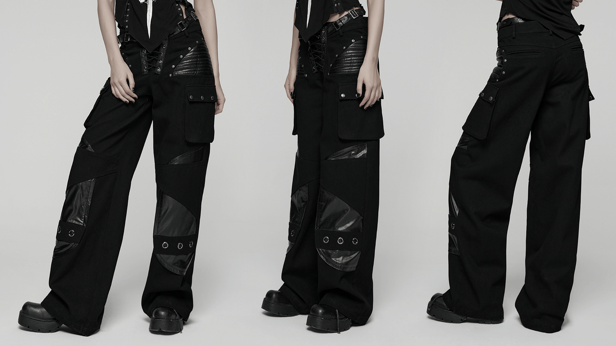 US SALE of Punk Low-Waist Wide-Leg Pants with Belt and Pockets