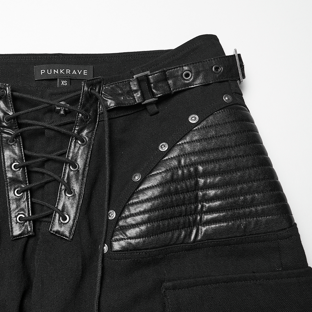 US SALE of Punk Low-Waist Wide-Leg Pants with Belt and Pockets