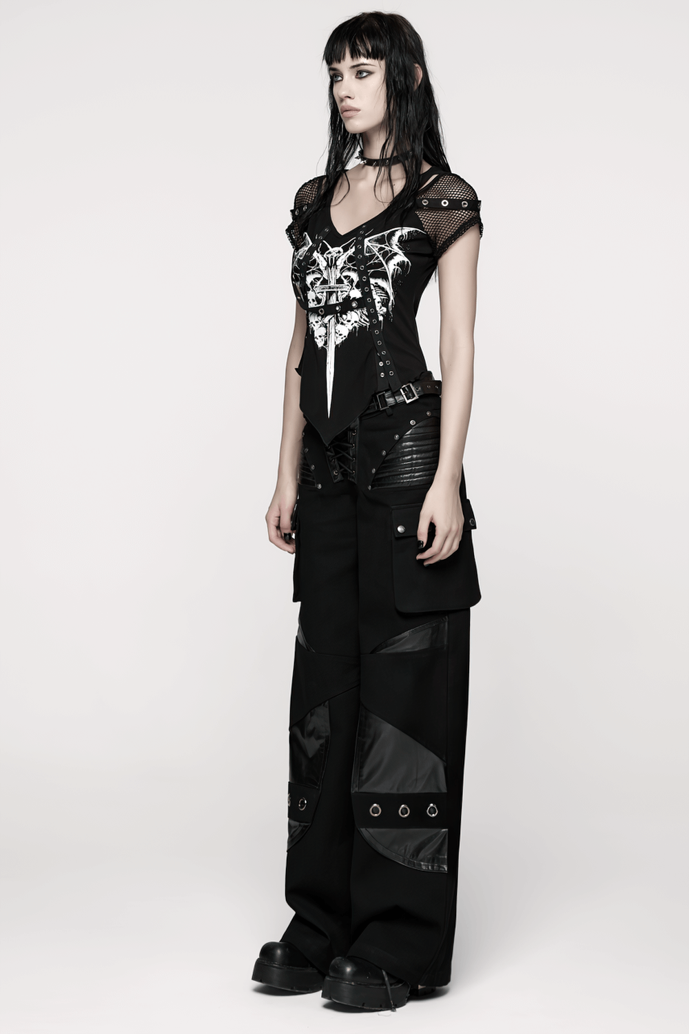 US SALE of Punk Low-Waist Wide-Leg Pants with Belt and Pockets