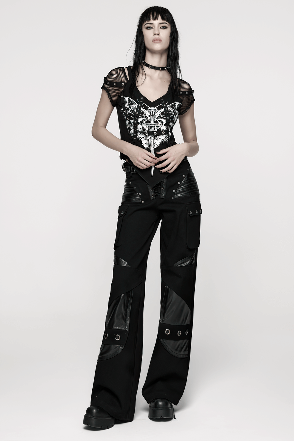 US SALE of Punk Low-Waist Wide-Leg Pants with Belt and Pockets