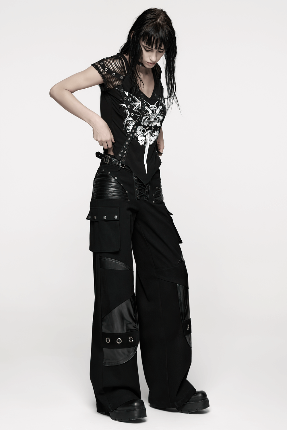 US SALE of Punk Low-Waist Wide-Leg Pants with Belt and Pockets