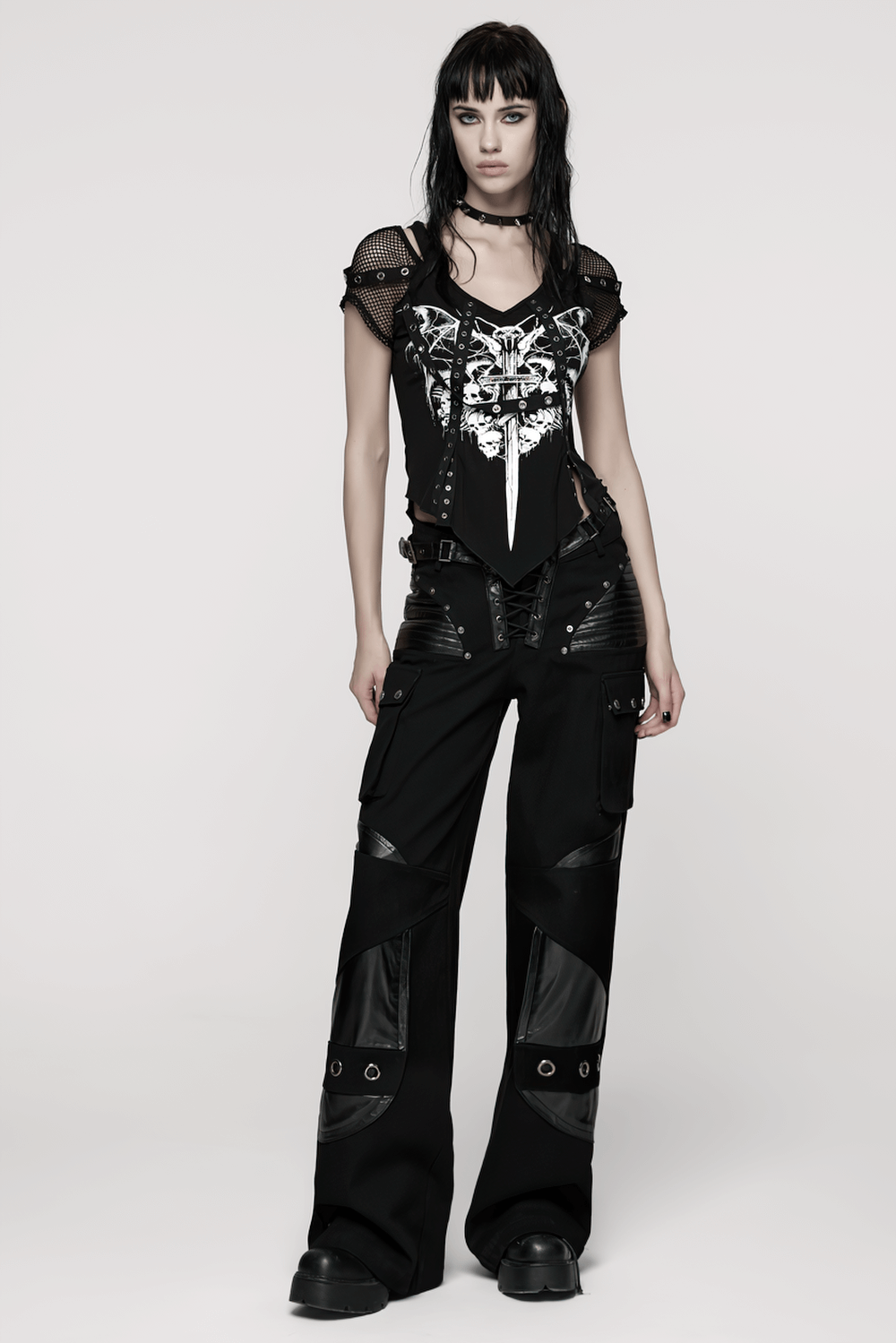 US SALE of Punk Low-Waist Wide-Leg Pants with Belt and Pockets