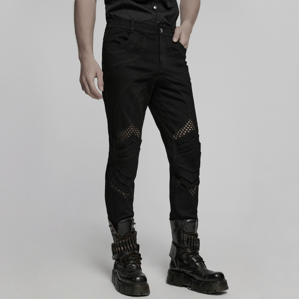 Punk Mesh Detail Tight Pants with 3D Knee Pieces