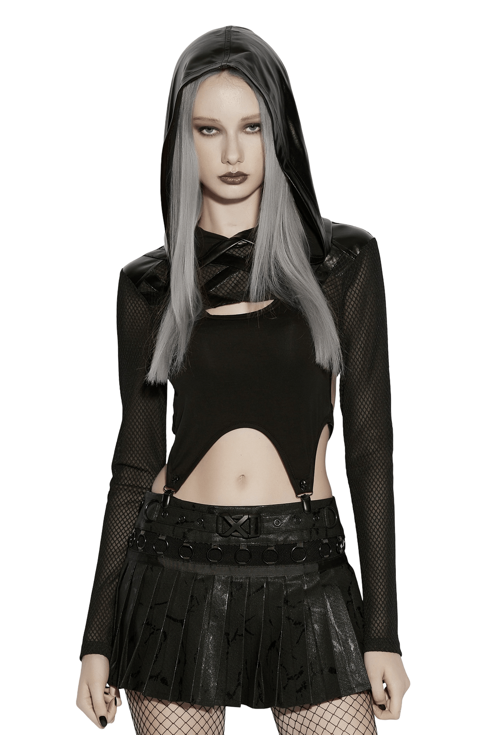 Punk Mesh Hooded Crop Top with Rubberized Panels