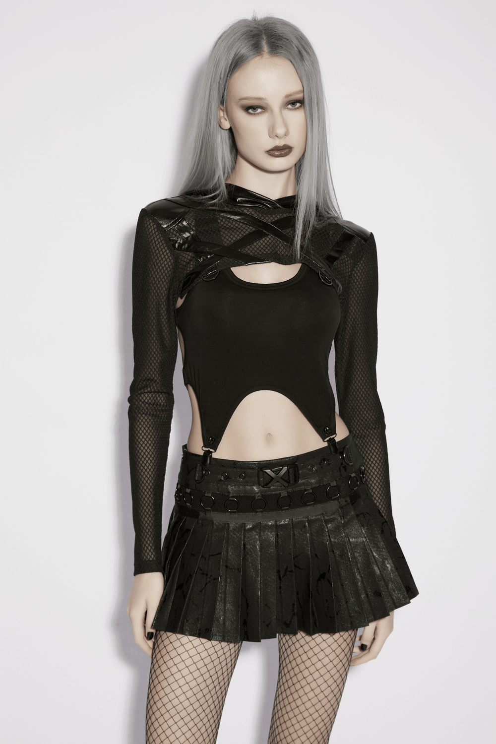 Punk Mesh Hooded Crop Top with Rubberized Panels