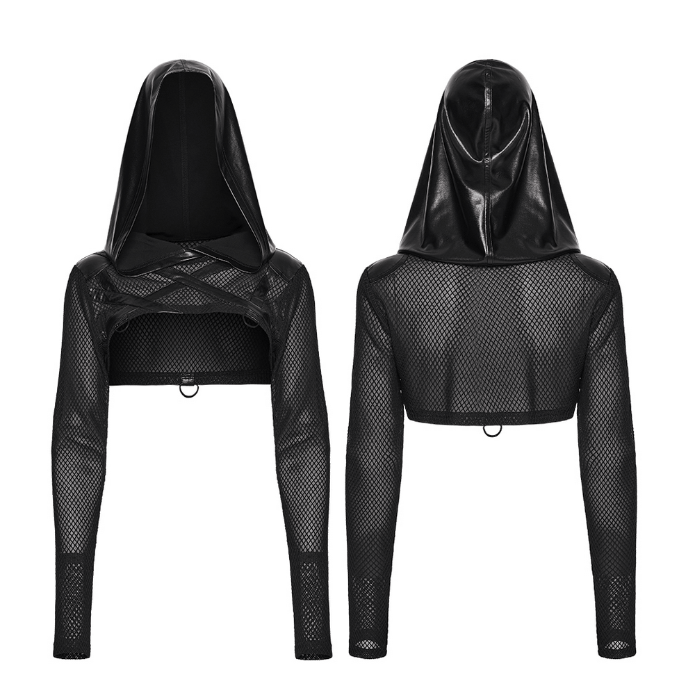 Punk Mesh Hooded Crop Top with Rubberized Panels