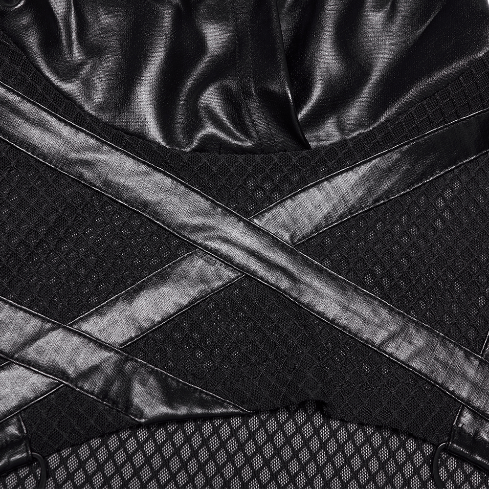 Punk Mesh Hooded Crop Top with Rubberized Panels