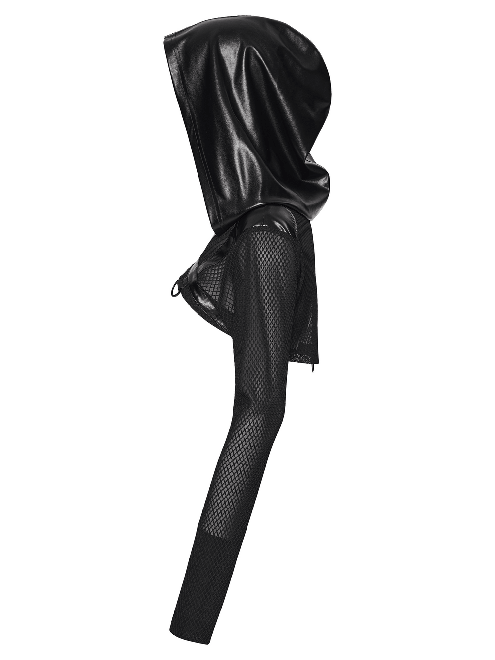 Punk Mesh Hooded Crop Top with Rubberized Panels