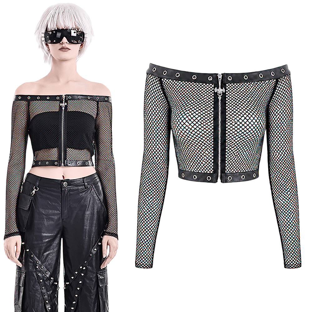 Punk Mesh Off Shoulder Top with Zipper and Stud Details