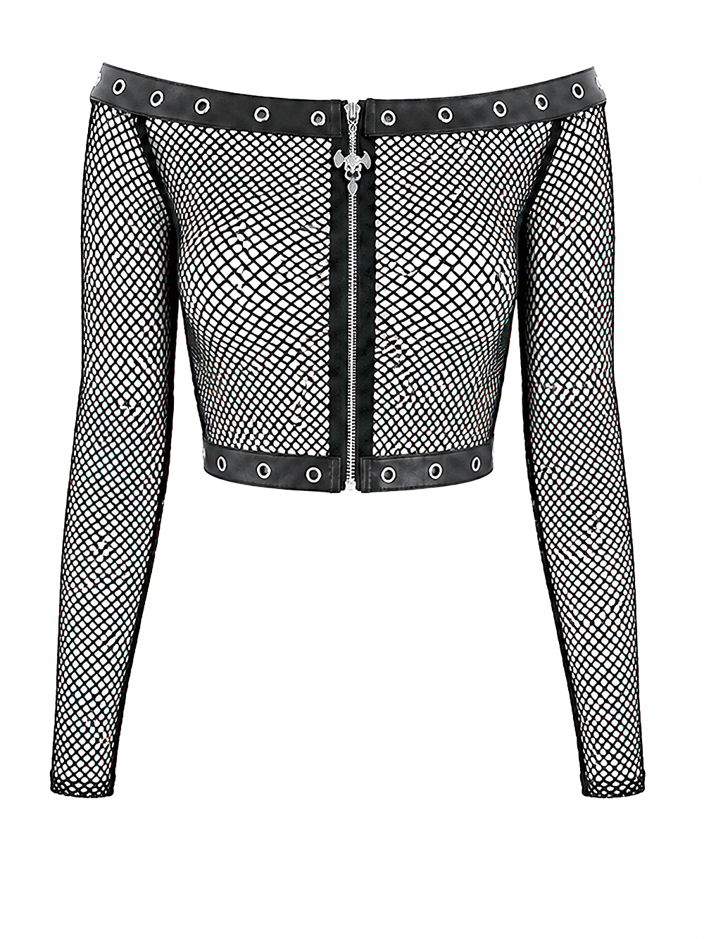 Punk Mesh Off Shoulder Top with Zipper and Stud Details