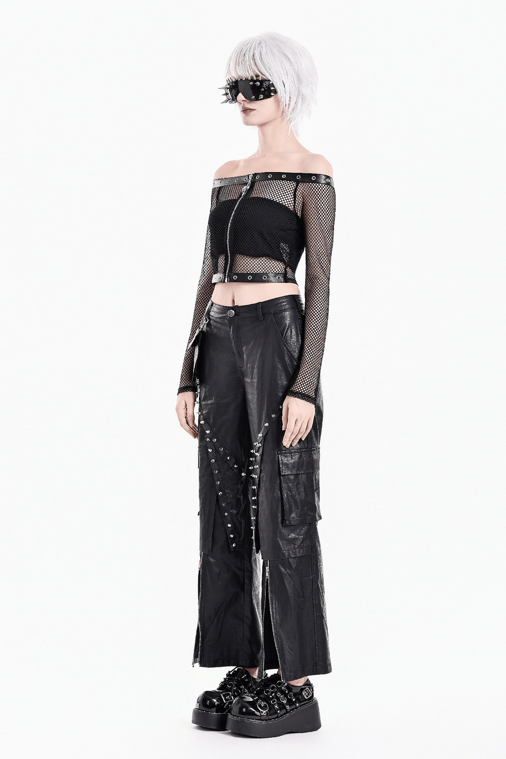 Punk Mesh Off Shoulder Top with Zipper and Stud Details