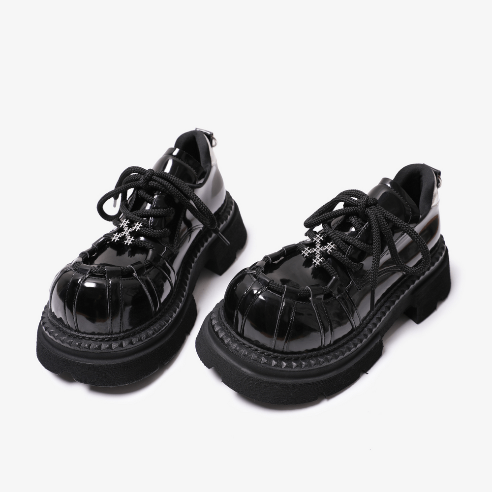 Punk Patent Lace-Up Shoes with Chunky Block Heels