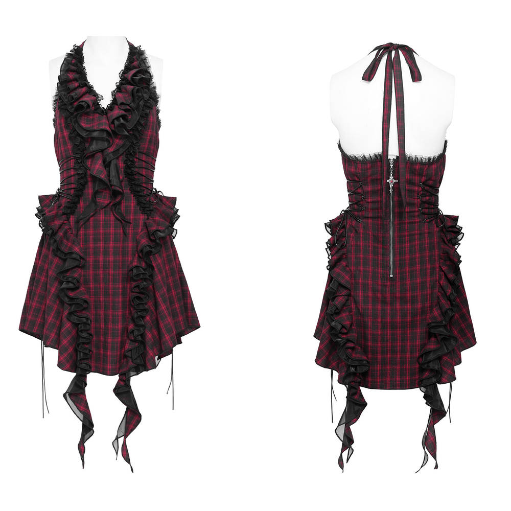 Punk Plaid Lace-Up Ruffle Asymmetrical Mini Dress