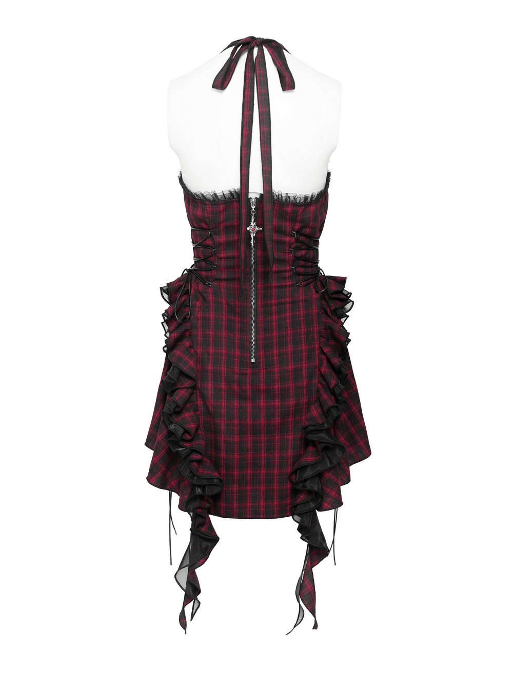 Punk Plaid Lace-Up Ruffle Asymmetrical Mini Dress