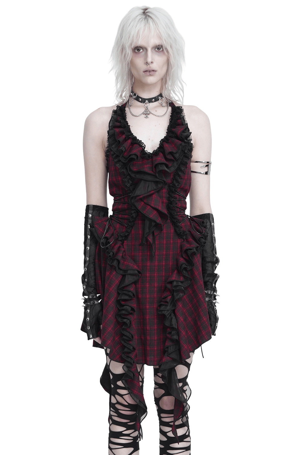 Punk Plaid Lace-Up Ruffle Asymmetrical Mini Dress