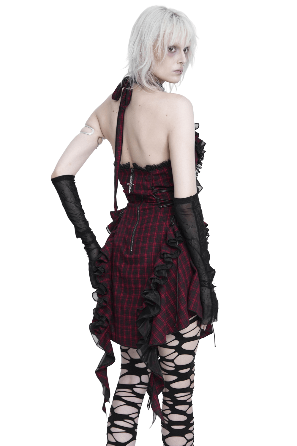 Punk Plaid Lace-Up Ruffle Asymmetrical Mini Dress