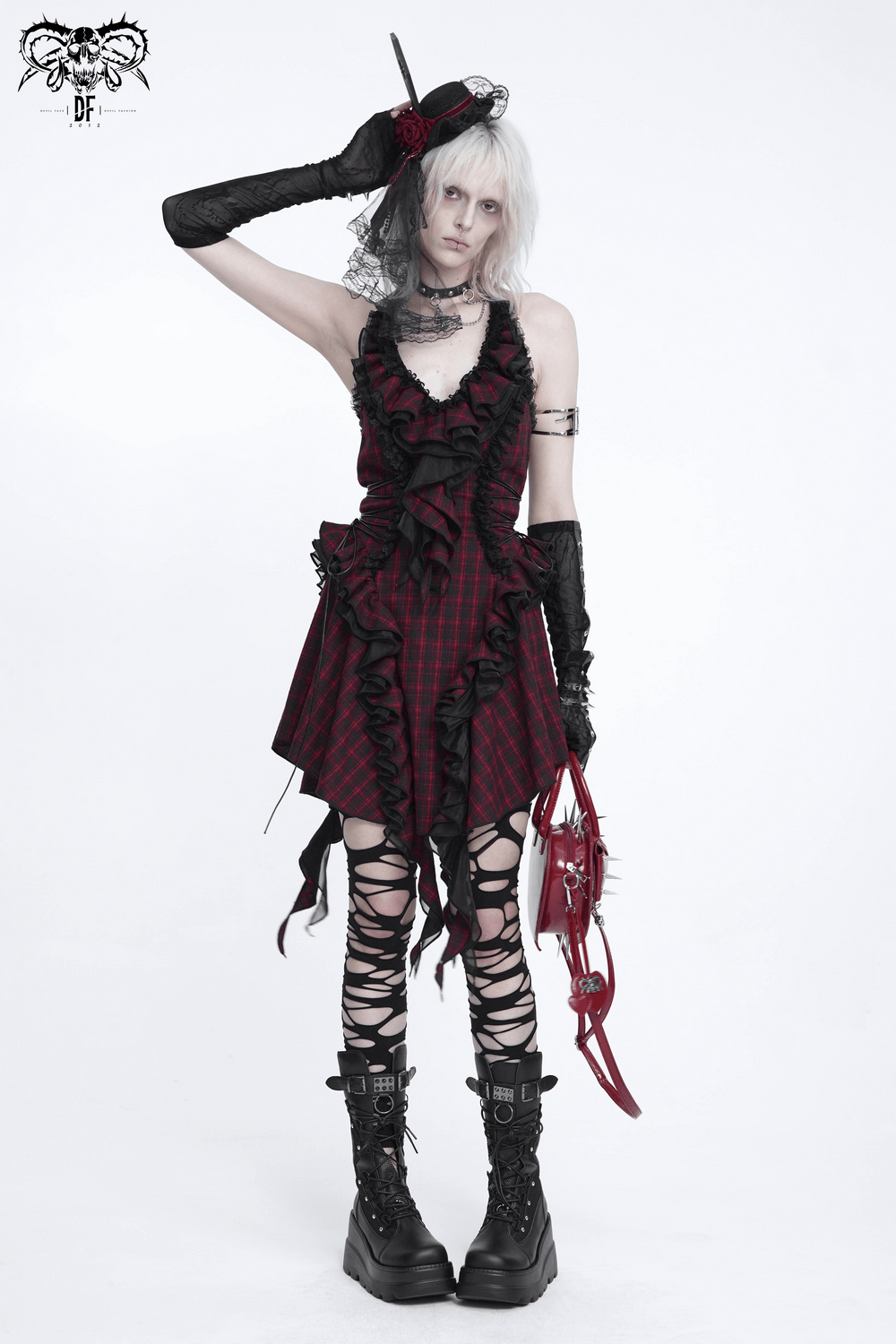 Punk Plaid Lace-Up Ruffle Asymmetrical Mini Dress
