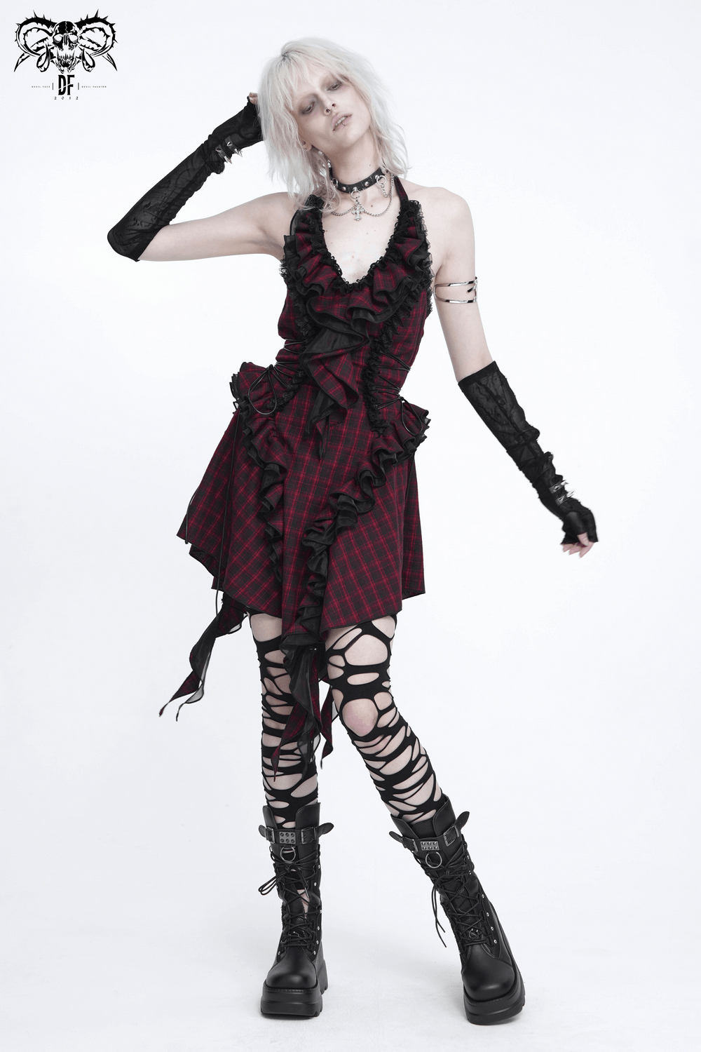 Punk Plaid Lace-Up Ruffle Asymmetrical Mini Dress