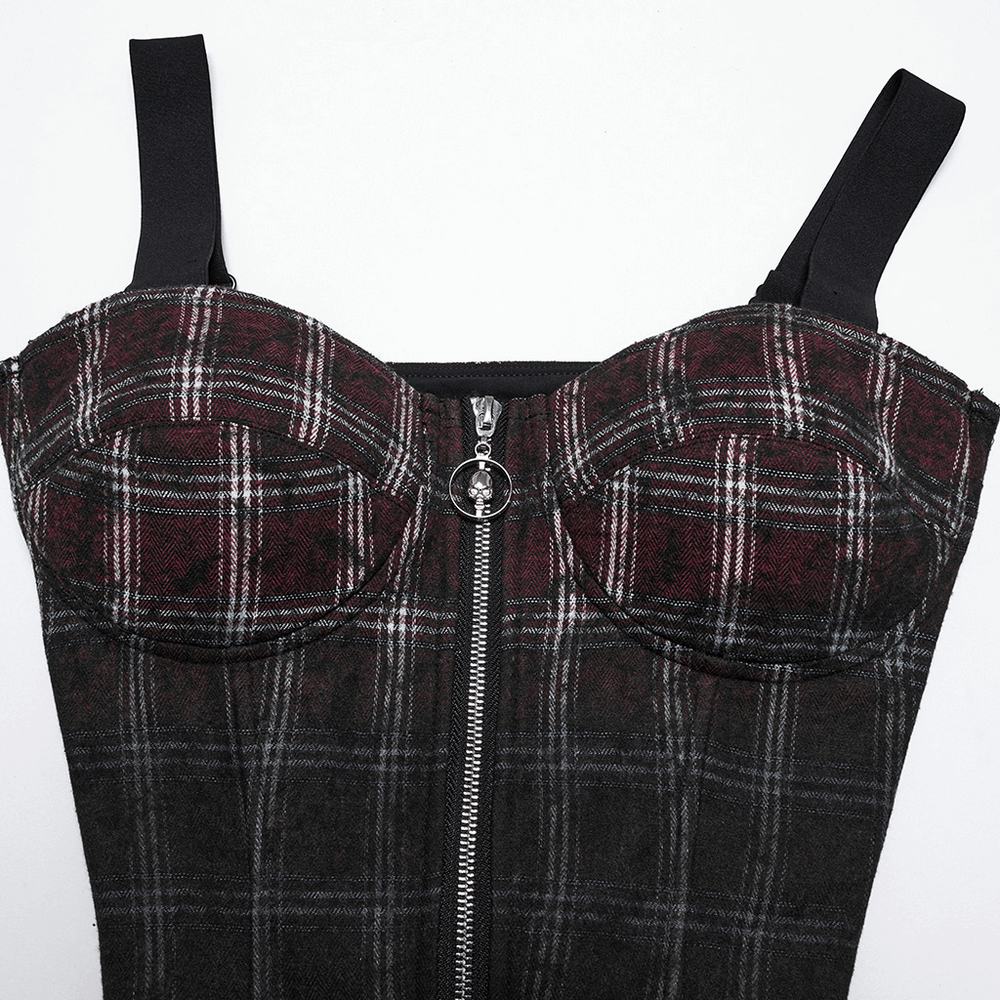 Punk Plaid Top with Skull Zipper and Adjustable Straps