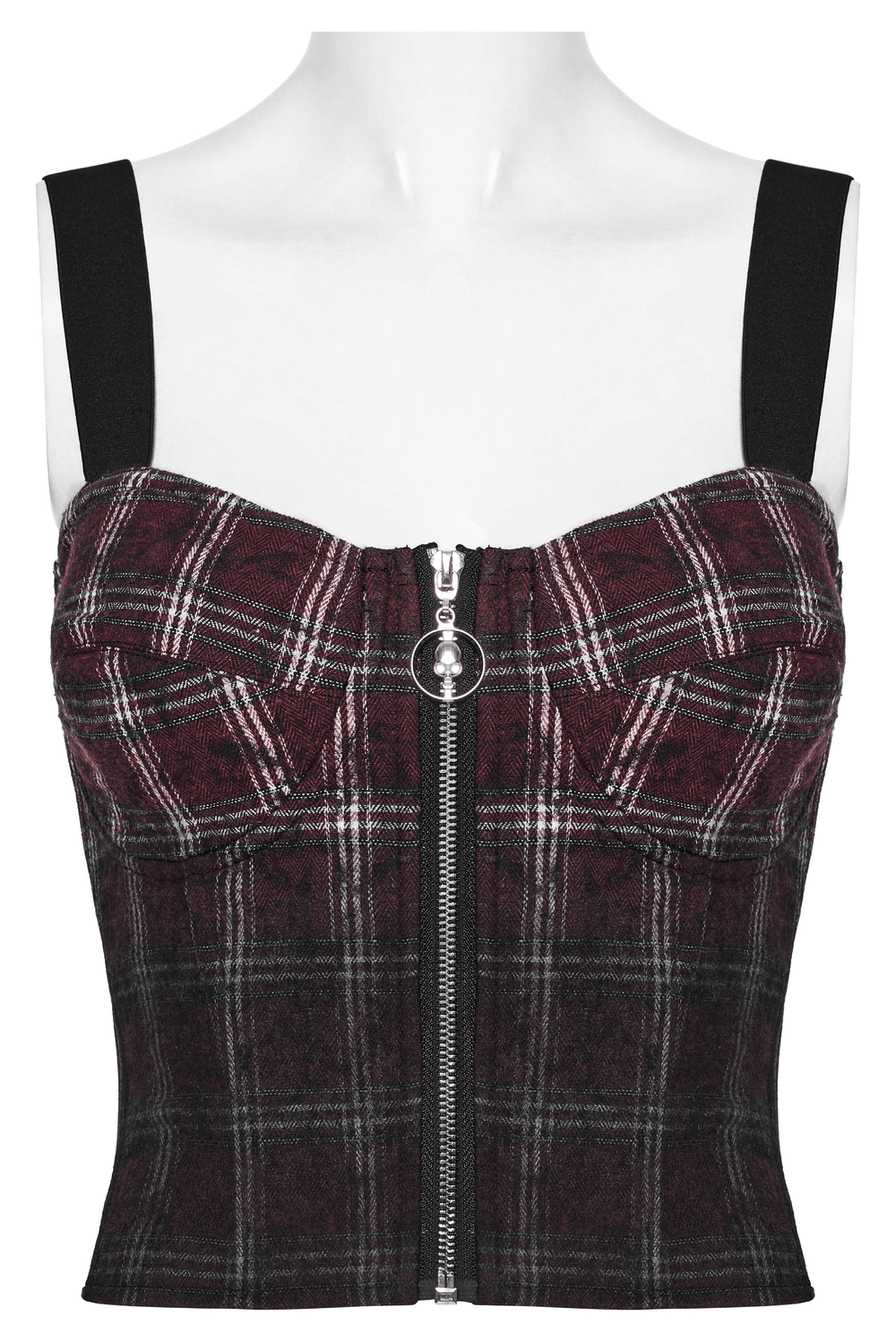 Punk Plaid Top with Skull Zipper and Adjustable Straps