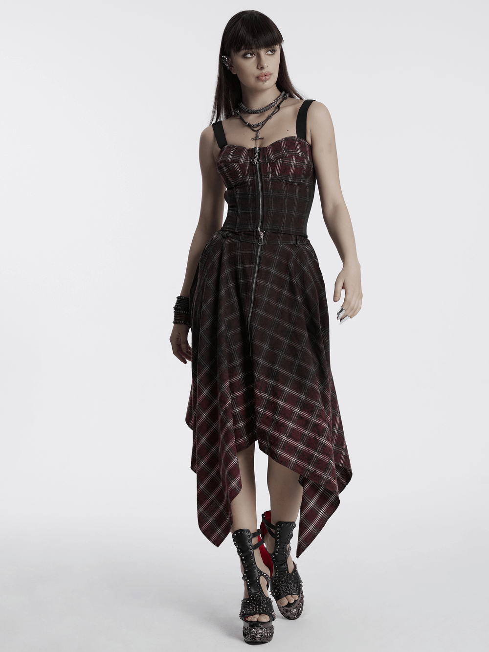 Punk Plaid Top with Skull Zipper and Adjustable Straps