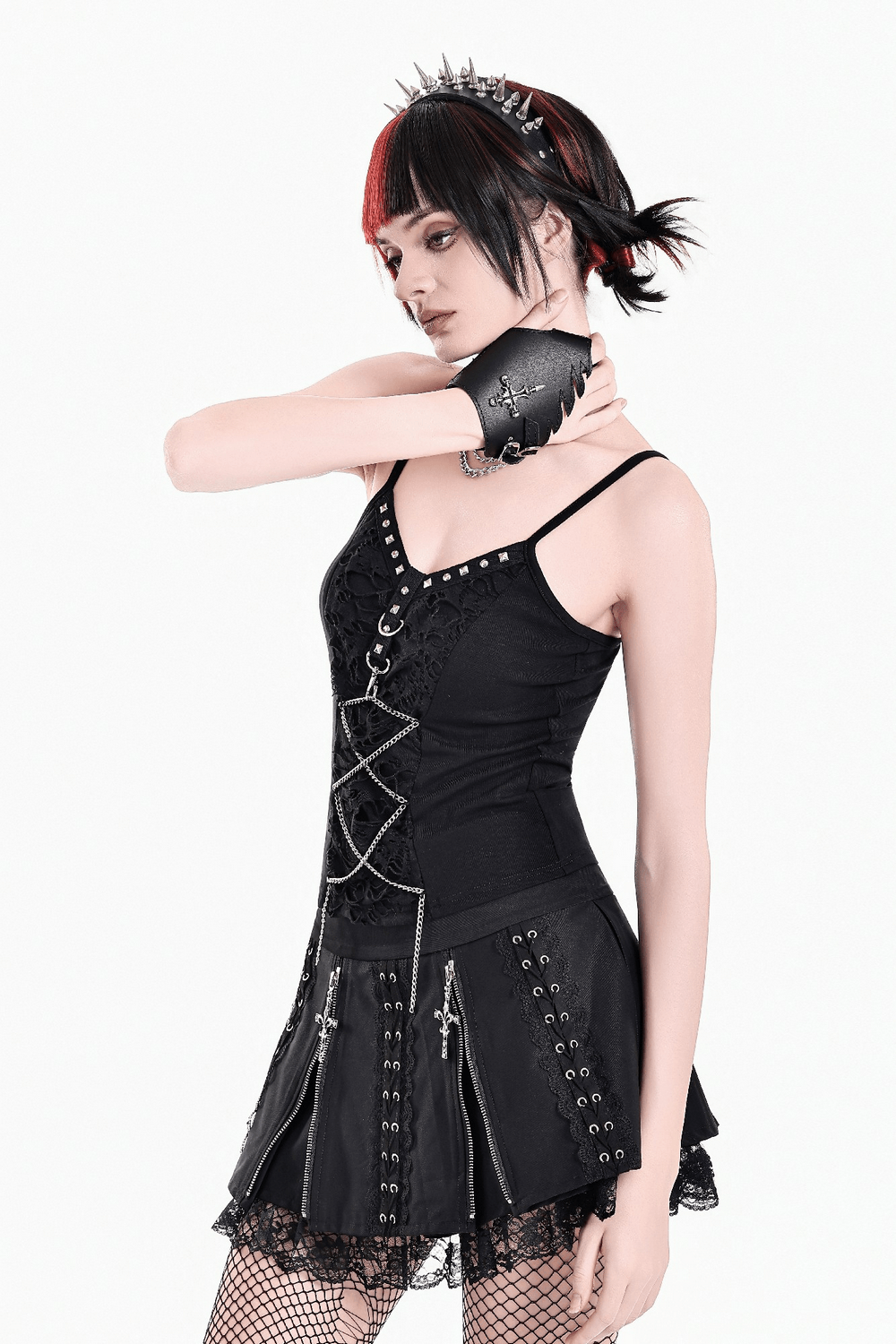 Punk Pleated Skirt with Lace Trim and Corset Details