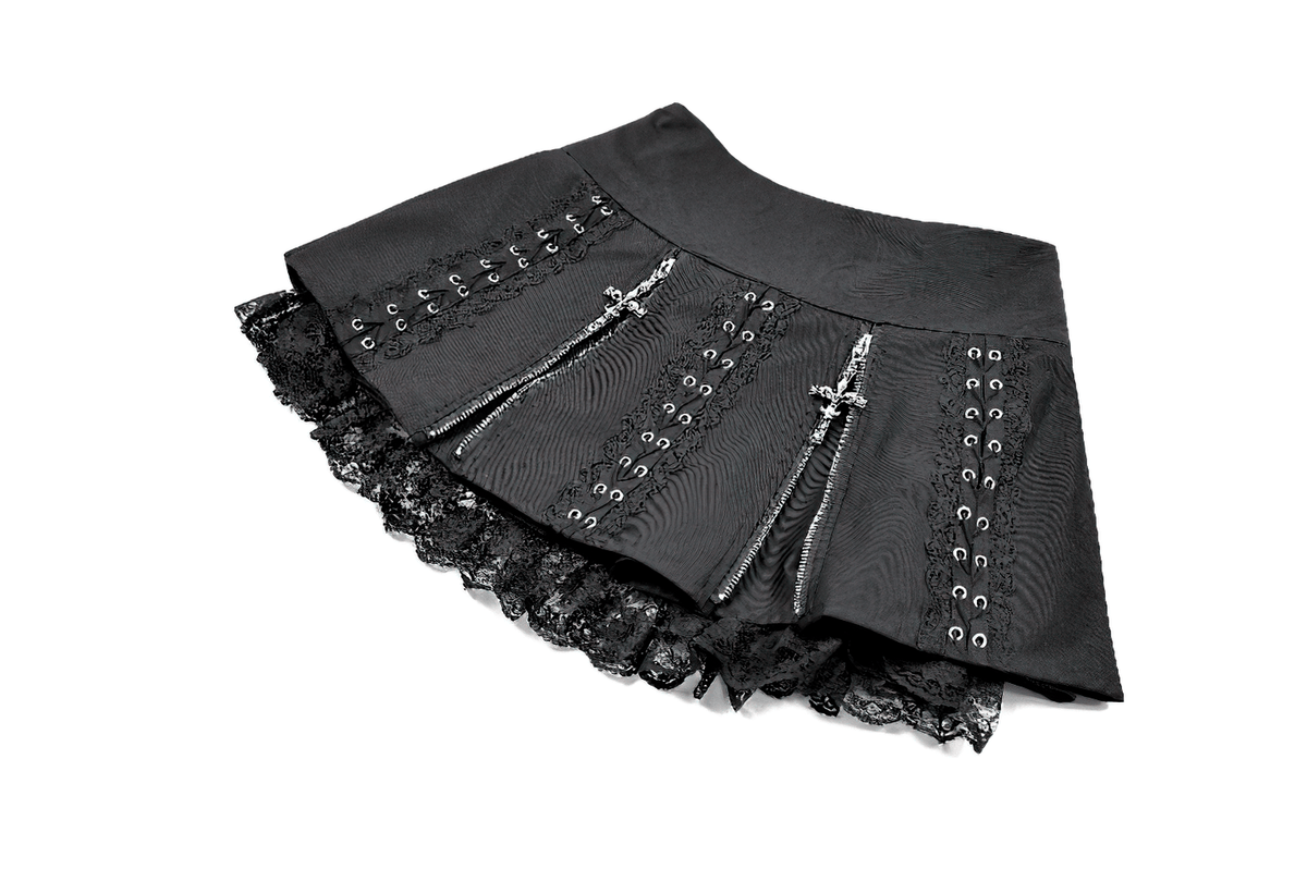 Punk Pleated Skirt with Lace Trim and Corset Details