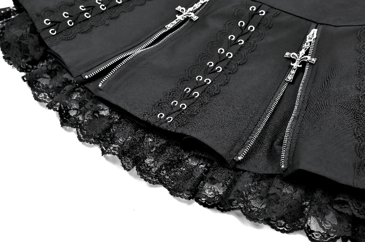Punk Pleated Skirt with Lace Trim and Corset Details