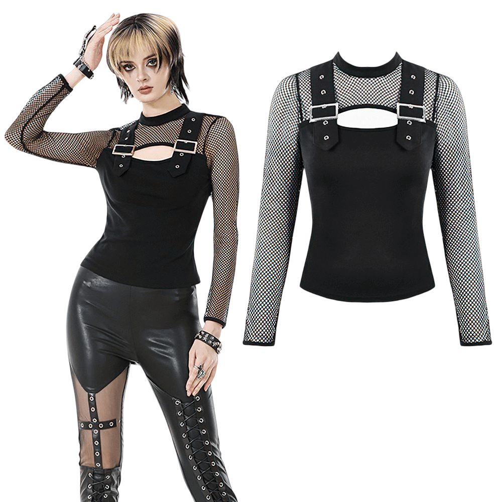 Punk Rock Black Fishnet Sleeved Top with Cutout and Straps