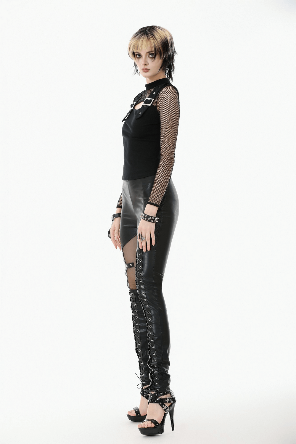 Punk Rock Black Fishnet Sleeved Top with Cutout and Straps