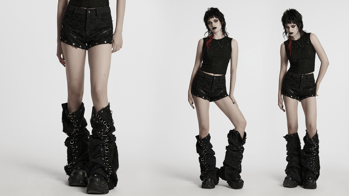 Punk Rose-Embellished Split Wide Leg Tattered Pants