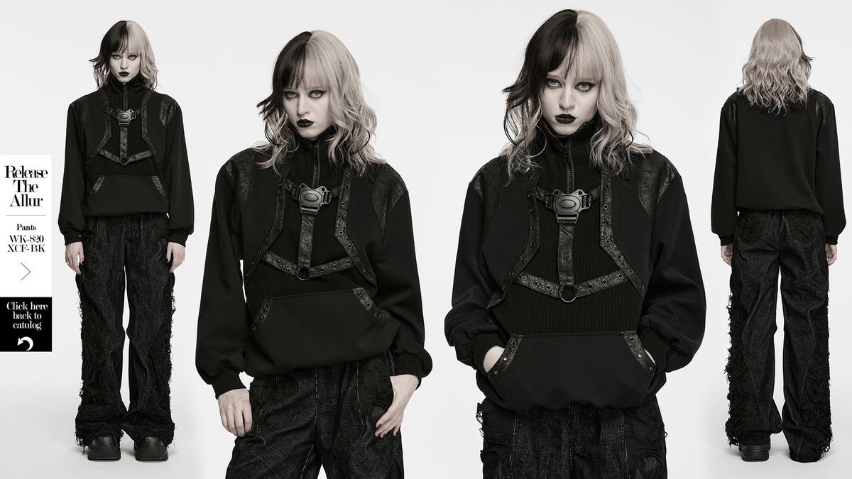 Punk Stand Collar Sweatshirt with Harness Buckle