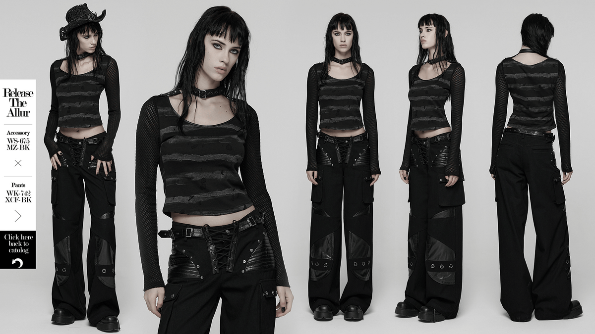 Punk Striped Mesh Top with Decorative Loop Collar