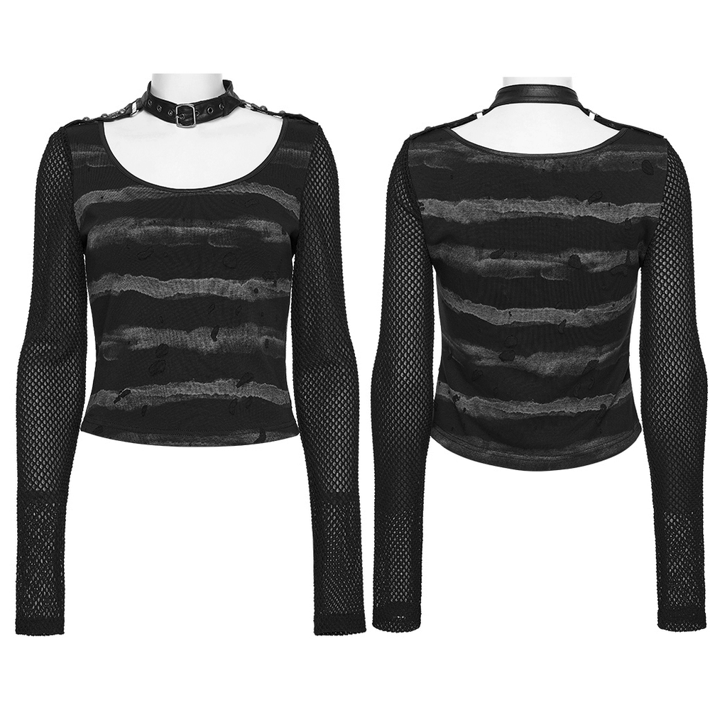 Punk Striped Mesh Top with Decorative Loop Collar