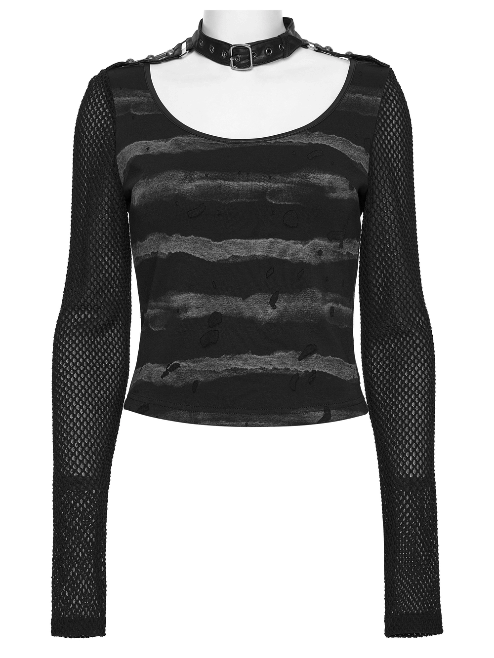 Punk Striped Mesh Top with Decorative Loop Collar