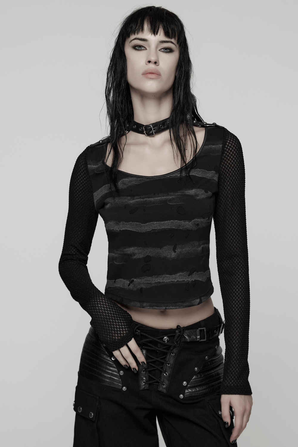 Punk Striped Mesh Top with Decorative Loop Collar