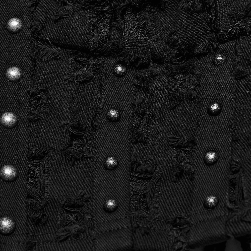 Punk Studded Denim Top with Adjustable Drawstrings