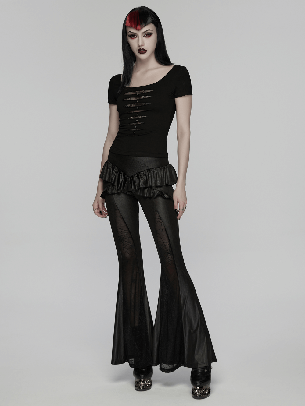 Punk Style Mesh Lace Cutout Short Sleeve T-shirt